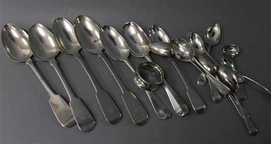 A pair of Georgian silver rat-tail pattern tablespoons and a quantity of silver flatware, etc.